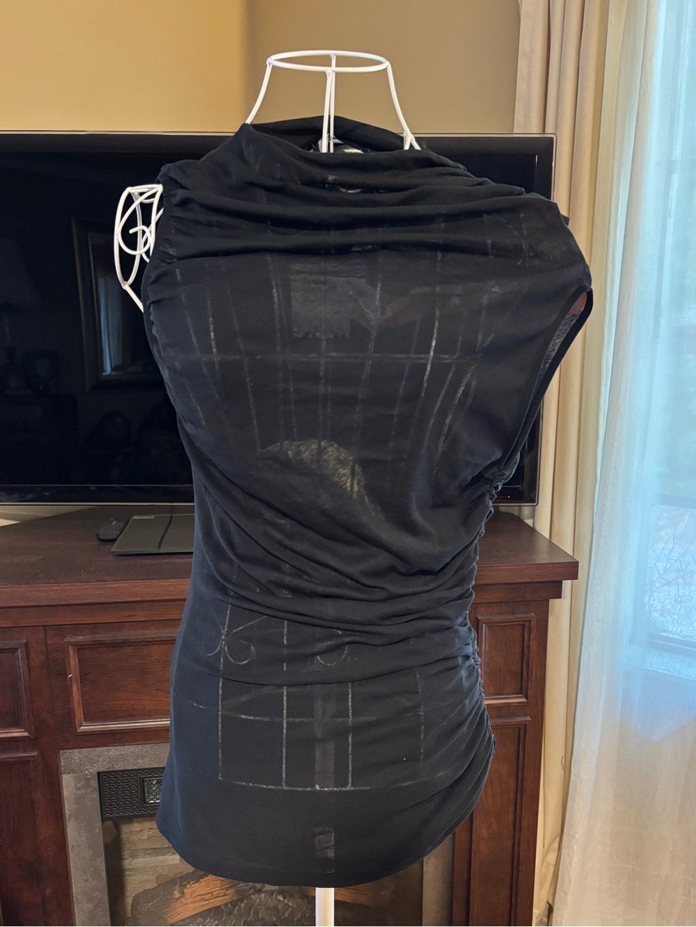 Unique Zara Black Asymmetrical Sleeve with Ruching Mesh Top M